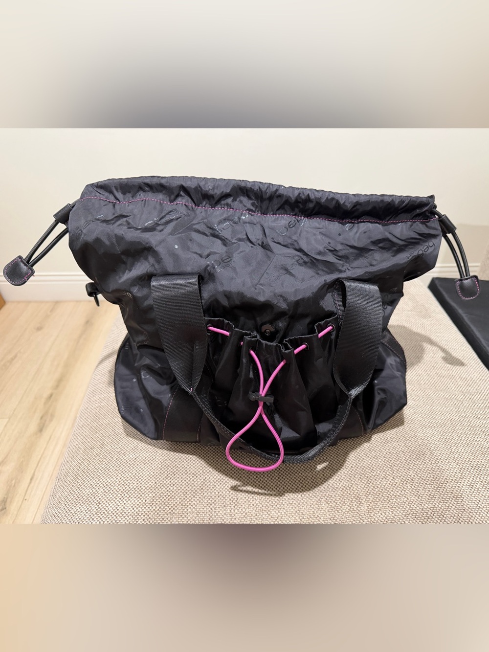 Bebe Sport Black Nylon Convertible Drawstring Tote Backpack Hot Pink Accent